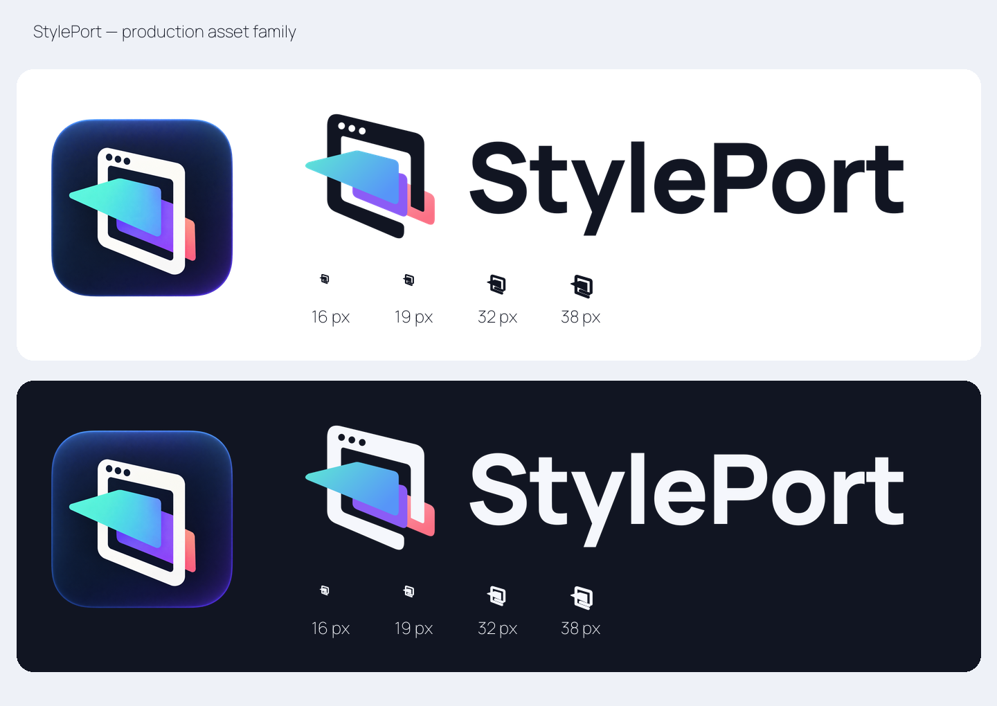 StylePort production asset family on light and dark backgrounds