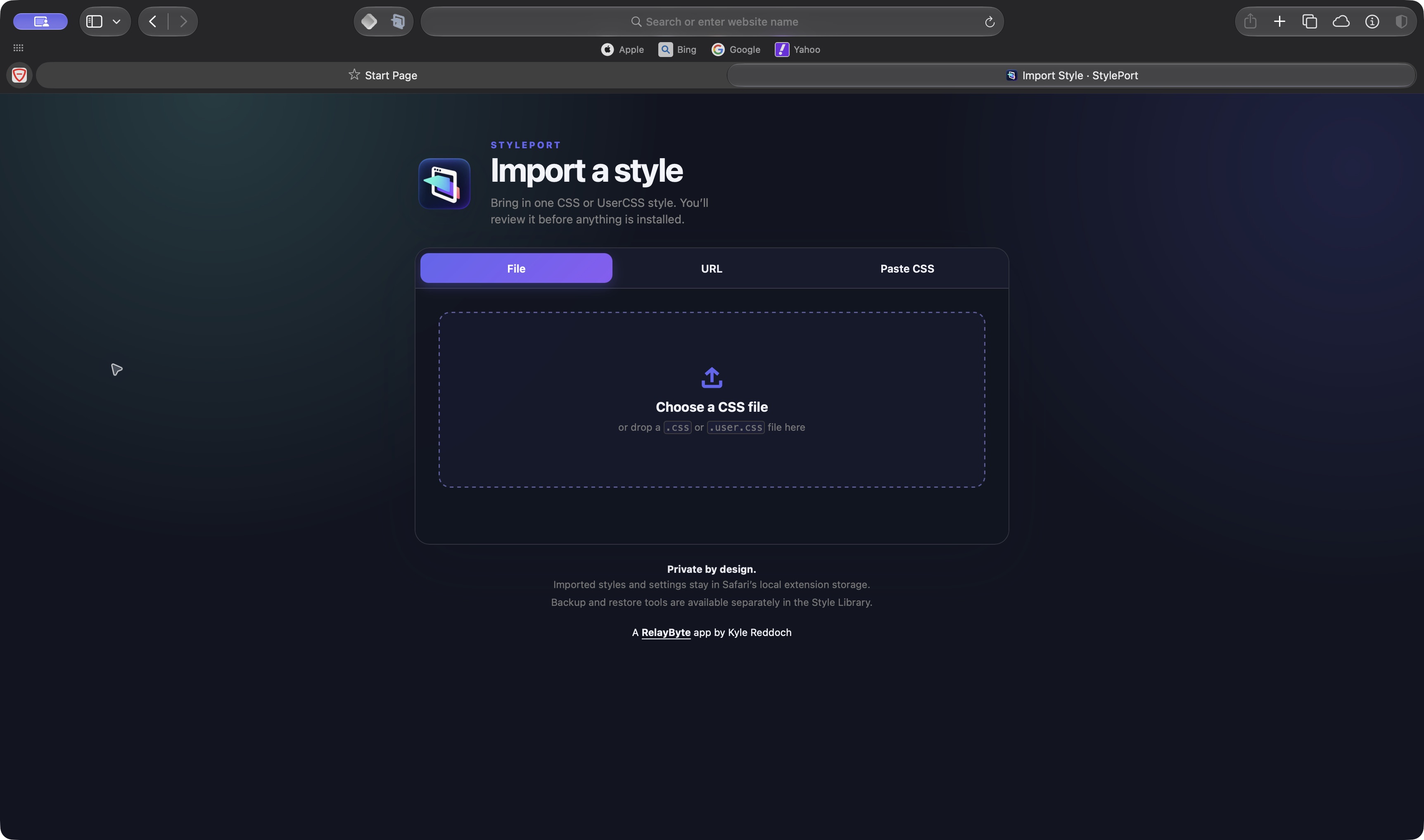 StylePort import screen in Safari with file, URL, and pasted CSS choices